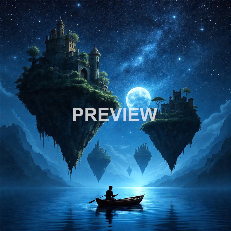 A person in a boat is floating on a calm body of water under a night sky filled with stars, with two floating islands featuring castles and trees illuminated by a large, bright moon.